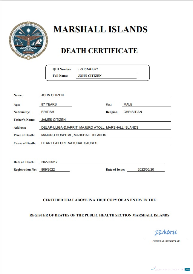 Download Marshall Islands vital record death certificate Word and PDF template Photoshop template